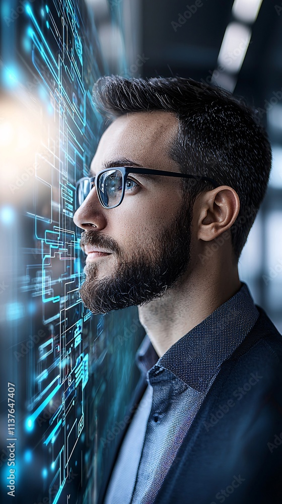Poster a young professional using ai-driven software on a desktop, with visual elements of data analysis an