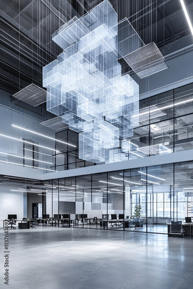 Poster a modern office with holographic data charts floating in the air, symbolizing ai-powered digital tra