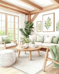 cozy living room interior with wooden furniture, cozy living room with green pillows and plants, cozy living room natural sunlight style ,minimalist cozy interior ,wood and plant decor