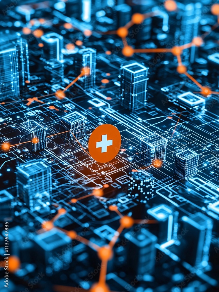 Poster a city skyline with a network of data points and connections illustrating digital modernization and 
