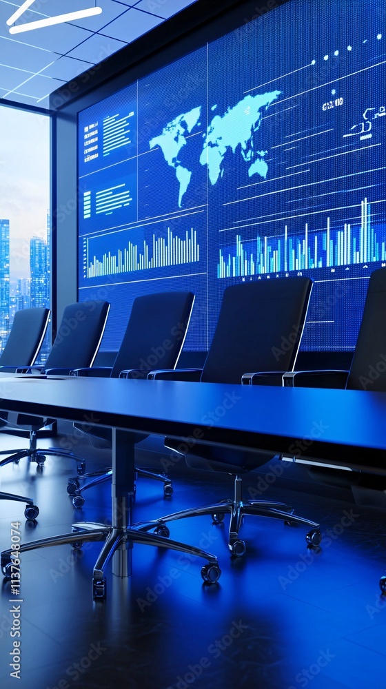 Poster a futuristic boardroom with holographic screens displaying collaborative data strategies and digital