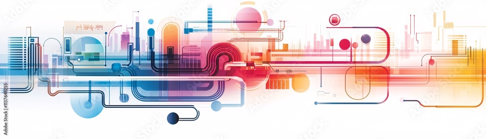 Poster a vibrant infographic-style representation of digital transformation processes, including ai, cloud,