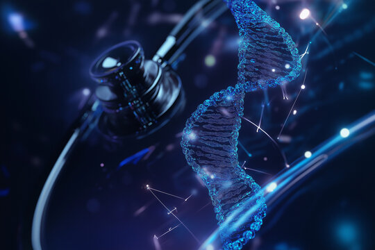 Close up of a stethoscope and digital tablet with virtual electronic medical record of patient on interface. Digital healthcare and network on modern virtual screen, DNA medical technology