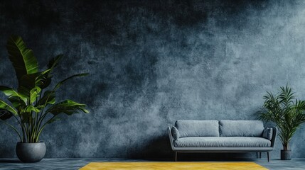 Modern Living Room Interior Design with Blue Sofa and Plants Against a Textured Wall