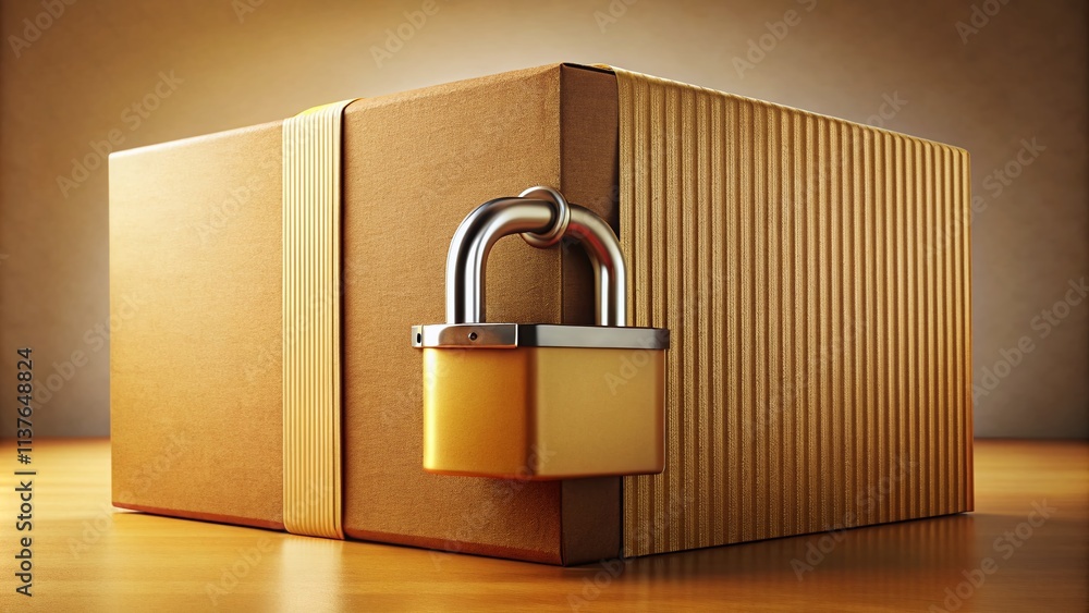 Poster secure parcel delivery with lock on cardboard box, emphasizing safety in moving and gift wrapping - 