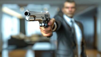 CEO in sleek business suit confidently aiming toy pistol at target on wall, symbolizing strategic leadership and decision-making in corporate environment.