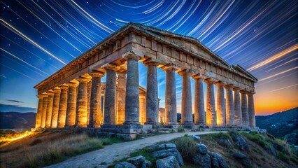 Obraz premium Segesta Temple Sicily Long Exposure Photography, Ancient Greek Ruins, Dramatic Night Sky, Starry Night, Italian Landscape, Historical Site, Archaeological Site