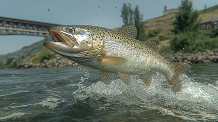 Obraz premium A trout displays its agility by jumping from the water in a clear river. The background features a bridge alongside lush greenery under bright daylight