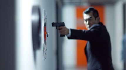 CEO in sleek business suit confidently aiming toy pistol at target on wall, symbolizing strategic leadership and decision-making in corporate environment.
