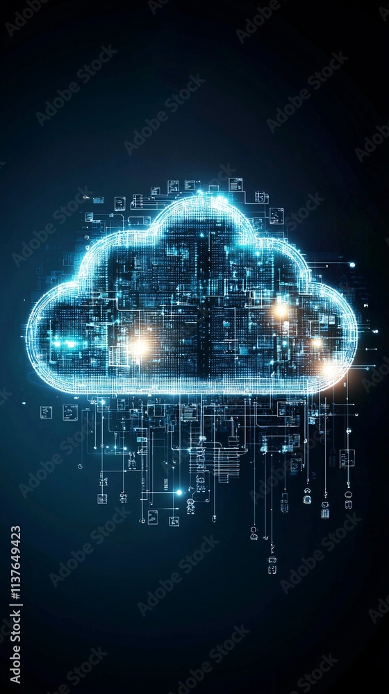 Poster digital transformation, cloud-based data infrastructure, ethereal light glowing from data servers, h