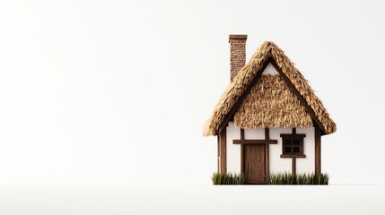 A cozy model house with a thatched roof, set against a minimalistic background, conveying a sense of warmth and simplicity.