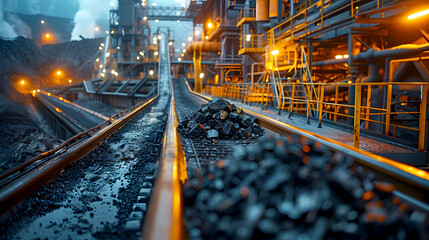 Fototapeta premium Industrial Mining Scene with Conveyor Belt and Pile of Coal