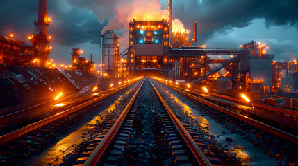 Industrial Complex with Train Tracks at Dusk in Dramatic Lighting