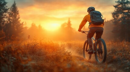 Obraz premium A cyclist traverses a tranquil forest path during sunset. The landscape is bathed in golden light, with trees showcasing vibrant autumn hues