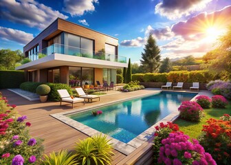 Serene Landscape Featuring a Modern House with a Sparkling Swimming Pool Surrounded by Lush Greenery and Vibrant Flowers Under a Clear Blue Sky