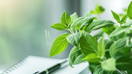 Healthy green plant on white table with small notebook and pen, symbolizing health advice and wellness tips, clean and focused image with copy space for text.