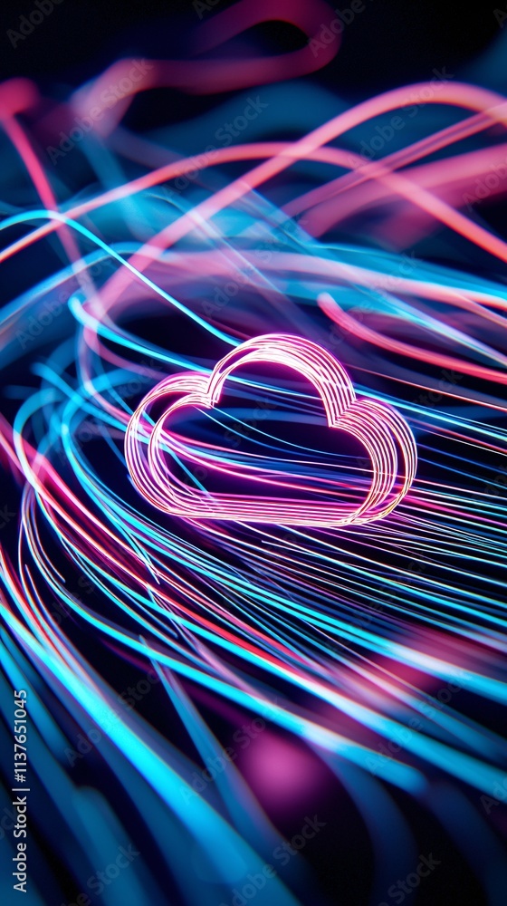 Poster a cloud icon glowing amidst a dynamic network of interconnected lines, representing digital transfor