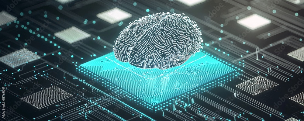 Poster abstract ai brain design with circuits merging into a digital grid, highlighting ai-driven digital t