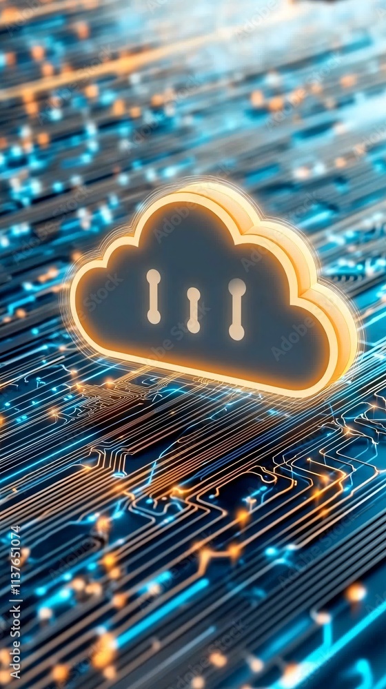 Poster a cloud icon glowing amidst a dynamic network of interconnected lines, representing digital transfor