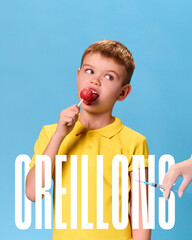 Poster. Contemporary art collage. Boy with lollipop and text OREILLONS in French, meaning mumps, displayed on blue background. Concept of vaccination, immunization, protection. Ad