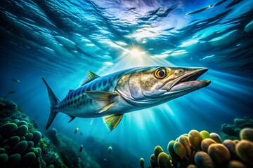 Fototapeta premium Long Exposure Barracuda Photography: Underwater Fish Images, Ocean Wildlife, Aquatic Life, Predator Fish