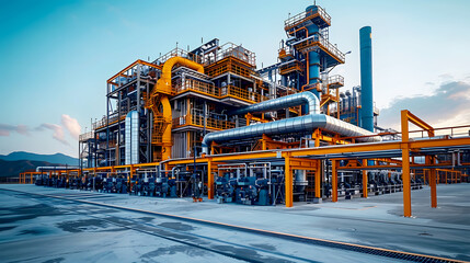 Fototapeta premium Industrial Complex with Pipes and Structures Against Blue Sky