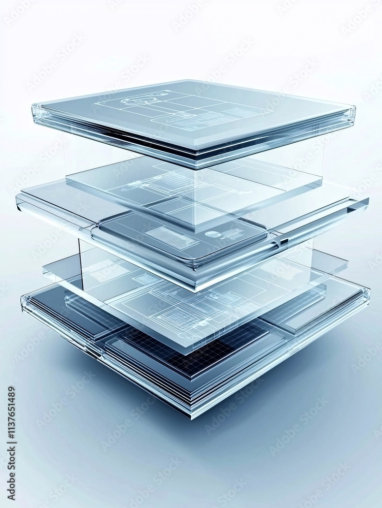 Poster innovative tech solutions concept with layers of transparent screens displaying digital elements, sy