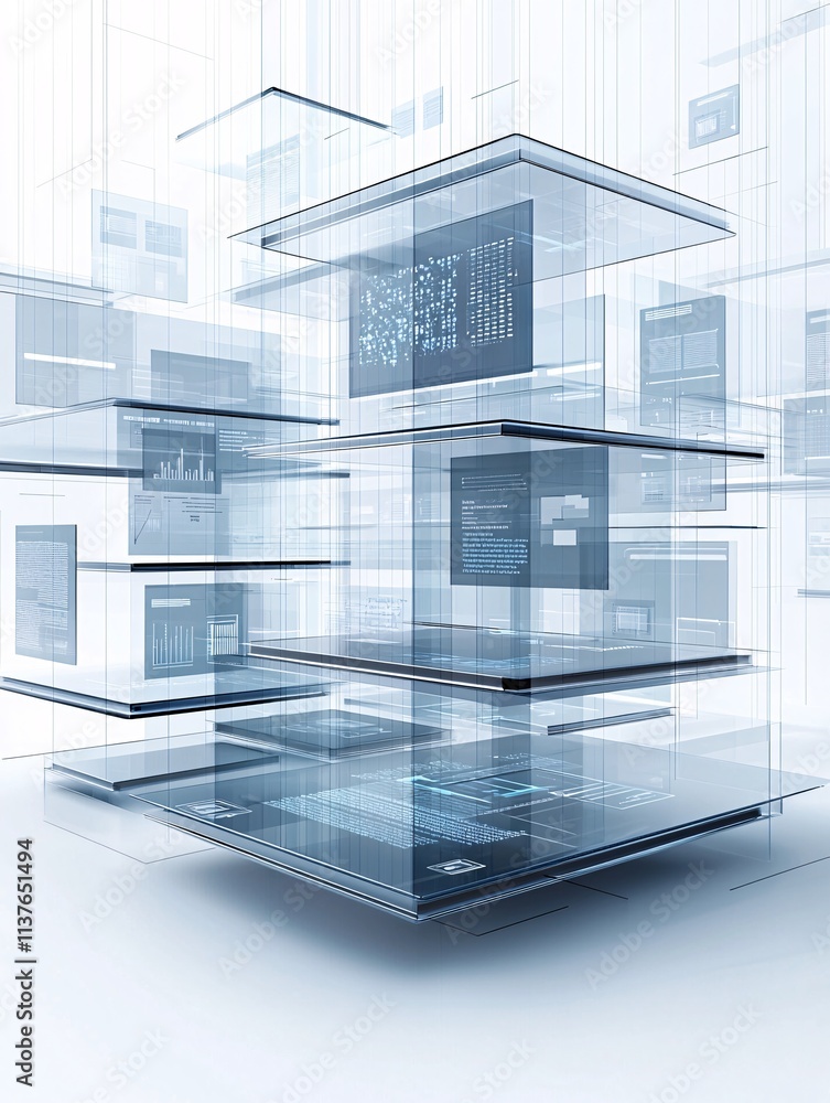 Poster innovative tech solutions concept with layers of transparent screens displaying digital elements, sy
