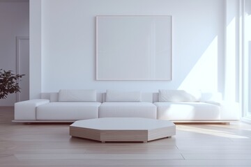 Sleek Scandinavian living room with white couch, hexagonal coffee table, and mockup frame, perfect for showcasing modern design.
