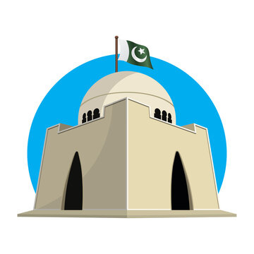 Mazar e Quaid vector illustration. Pakistan national flag. Quaid e Azam mausoleum, Quaid e Azam Mizar and Tomb. Pro Vector - Isolated in White Background.