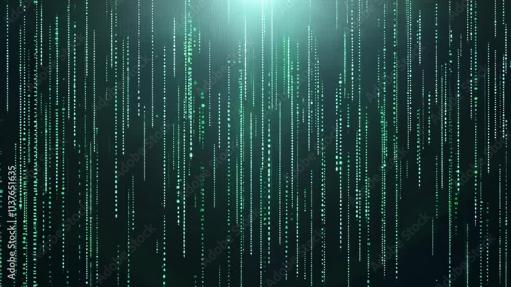 Poster visual representation of digital data flowing in green streams in an abstract backdrop
