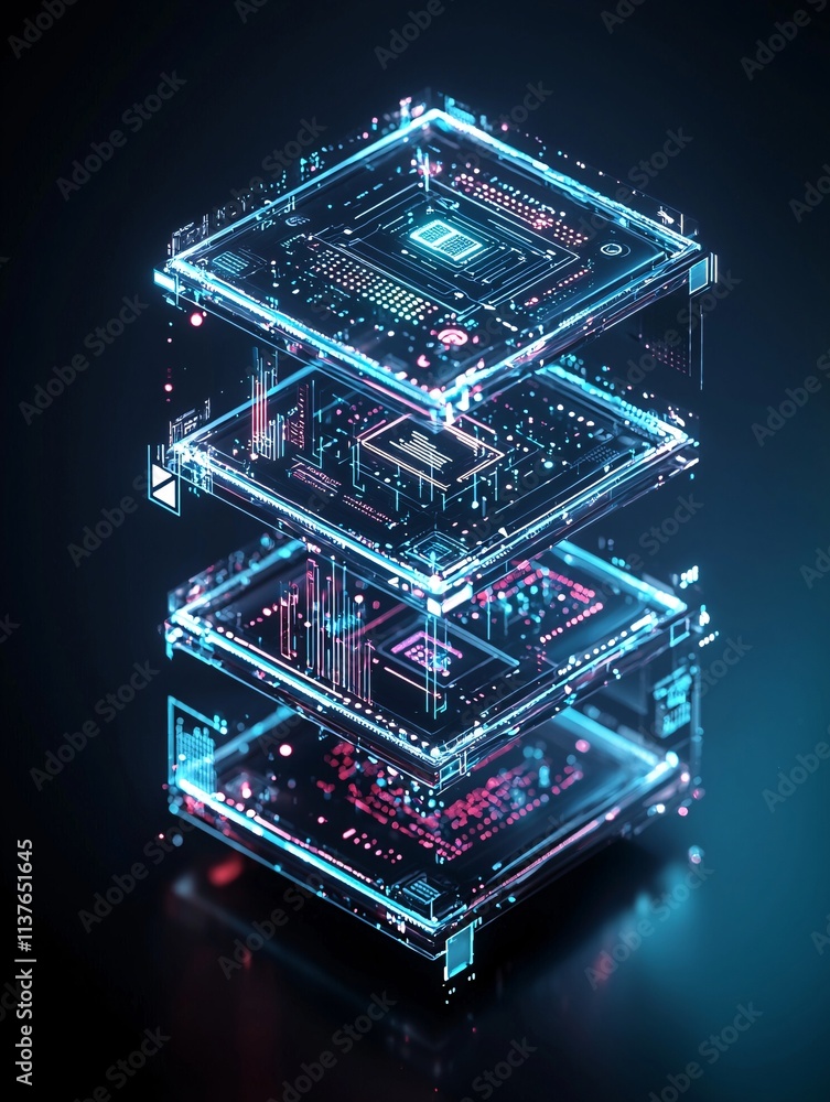 Poster innovative tech solutions concept with layers of transparent screens displaying digital elements, sy