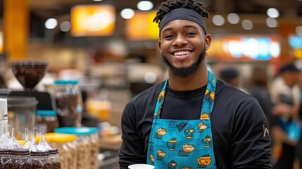 A friendly barista stands behind the counter, wearing a colorful apron and holding a cup, while customers bustle around enjoying their drinks and snacks