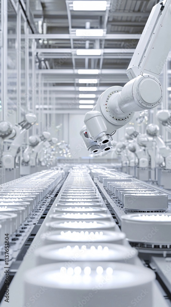 Poster optimized industrial processes visualized through automated robotic arms connected to a central digi