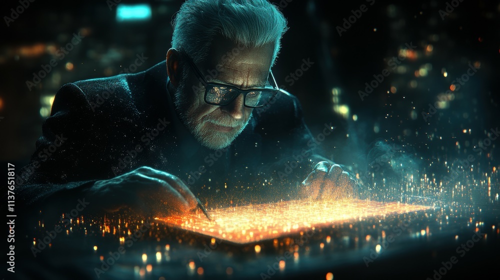 Poster an elderly man is intently working on a glowing surface, generating intricate light patterns. the at
