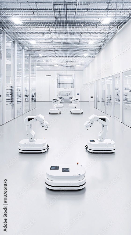 Poster optimized industrial processes visualized through automated robotic arms connected to a central digi