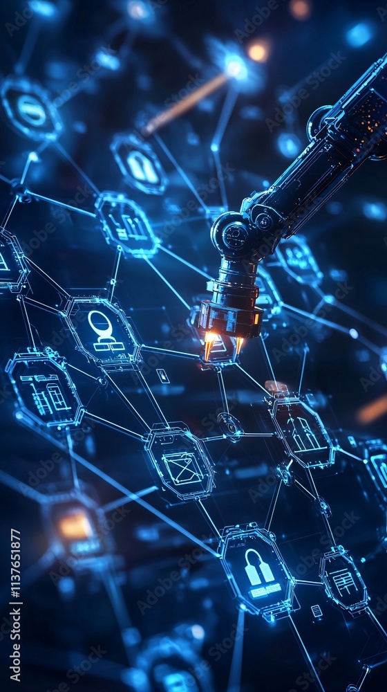 Poster optimized industrial processes visualized through automated robotic arms connected to a central digi