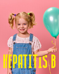 Poster. Contemporary art collage. Girl with pigtails holding balloon with overlaid text HEPATITIS B...