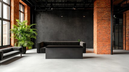 Modern interior featuring a black sofa and minimalist furniture against a brick wall, highlighted by large windows and a decorative plant.