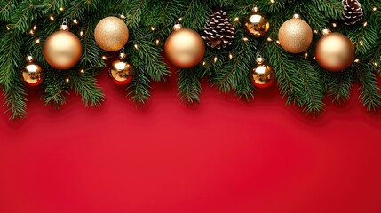 Fototapeta premium Festive Christmas Border with Gold Ornaments and Pine Branches on Red Background