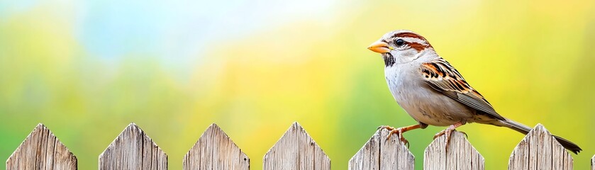 A charming bird perches on a wooden fence, surrounded by a soft, blurred background of vibrant colors, evoking a serene natural scene.