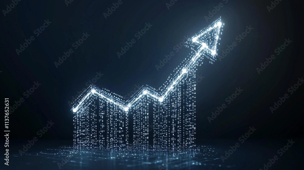 Poster an upward arrow made of binary code streams, representing digital growth and integrated modernizatio