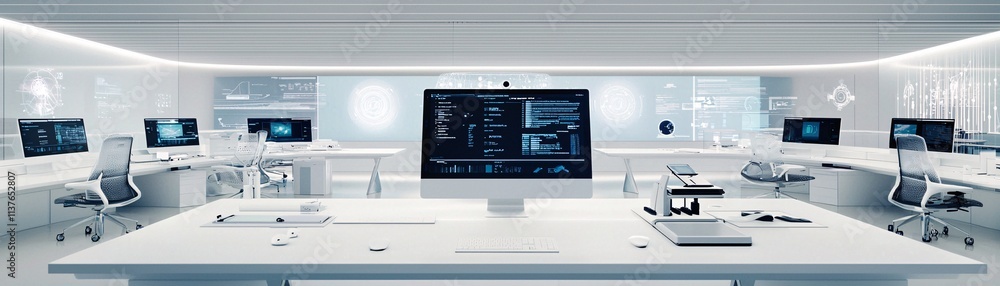 Poster sleek office space featuring futuristic gadgets and an interconnected workflow setup, emphasizing op