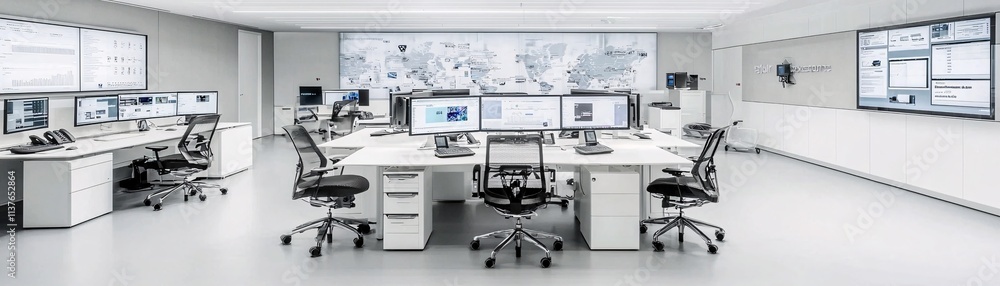 Poster sleek office space featuring futuristic gadgets and an interconnected workflow setup, emphasizing op