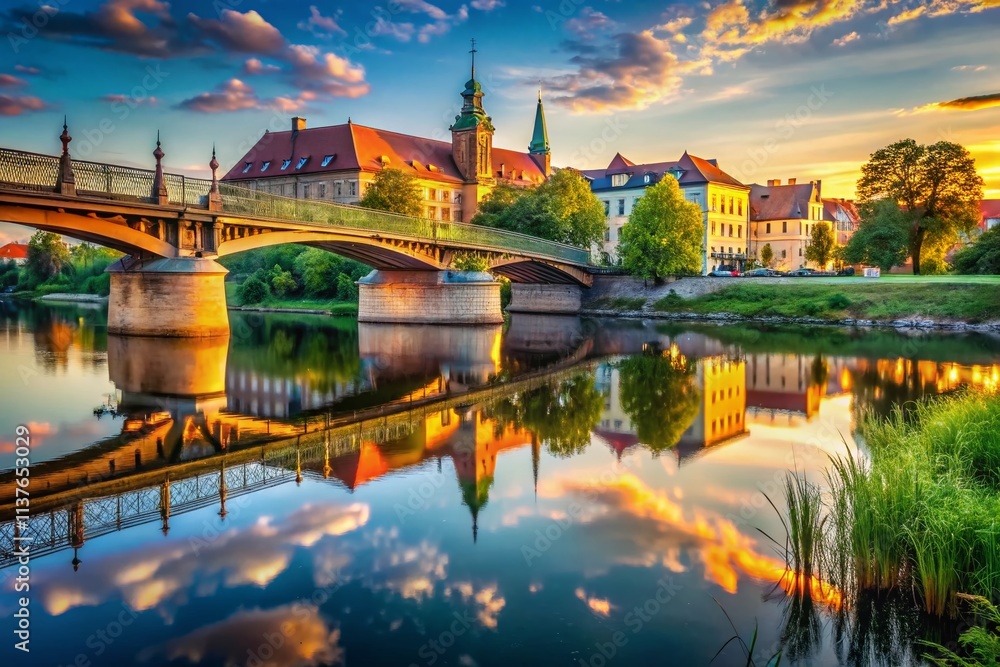 Poster serene view of grunvald bridge on the odra river, capturing the essence of nature and architecture i