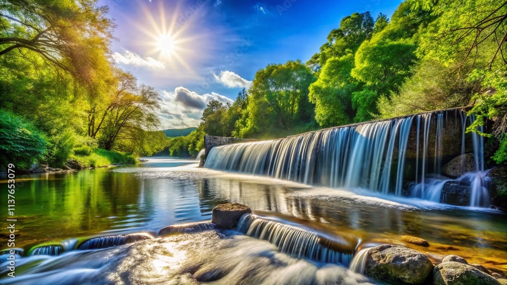 Aufkleber serene water cascading over a weir creating a tranquil scene in a lush river landscape with copy spa