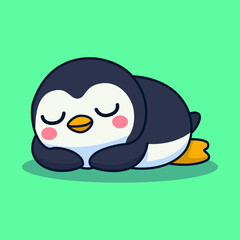 cute penguin sleeping animal cartoon character flat color vector illustration template design