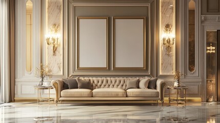 Elegant modern room with beige sofa, soft lighting, and two blank frames on the wall.