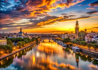 Obraz premium Seville Sunset Timelapse Photography, Andalusian Night Cityscape, Spanish Golden Hour, Dramatic Sky, Night Photo, City Lights