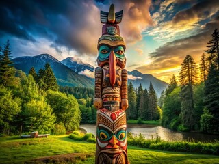 Long Exposure Hand Carved Totem Pole Photography - Native American Art, Pacific Northwest, Indigenous Culture, Wood Carving